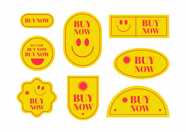 Vettore un adesivo giallo che dice acquista ora su di esso cool trendy shopping stickers pack