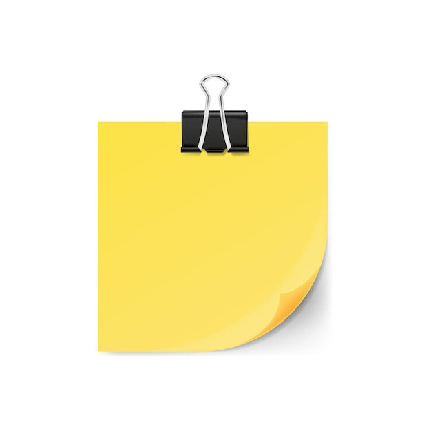 흰색 배경에 웅크리고 있는 모서리가 있는 노란색 스티커 메모