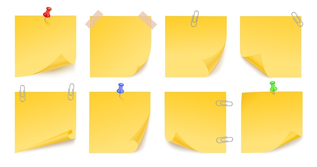 Yellow sticky stickers note office sticker memo post papers with pins different sheets curled edge isolated colored pages for board exact vector set