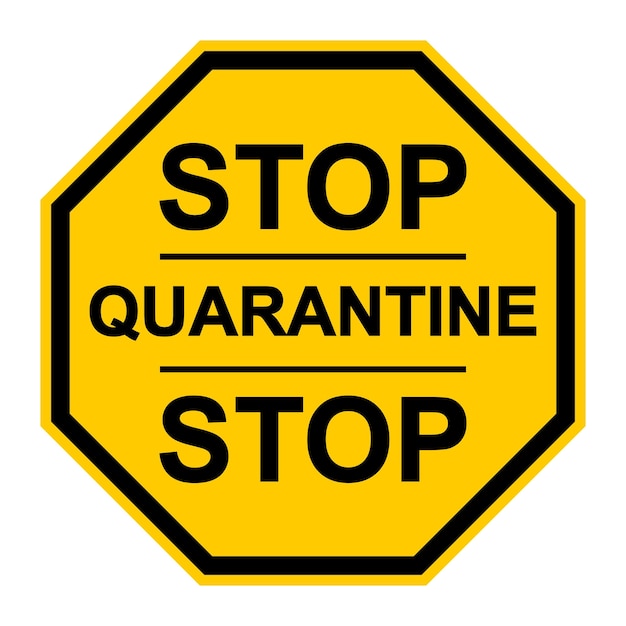 Желтый знак остановки карантинный векторный знак страницы, предупреждающий о карантинной зоне коронавируса COVID, остановите движение инфицированных людей