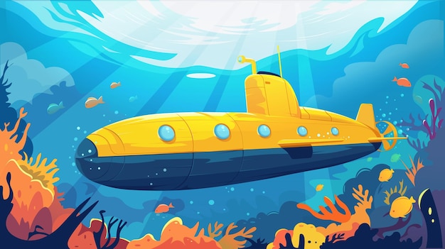 A yellow submarine under the ocean with fish and coral in a cartoon style with a blue background Concept of an underwater adventure Vector illustration