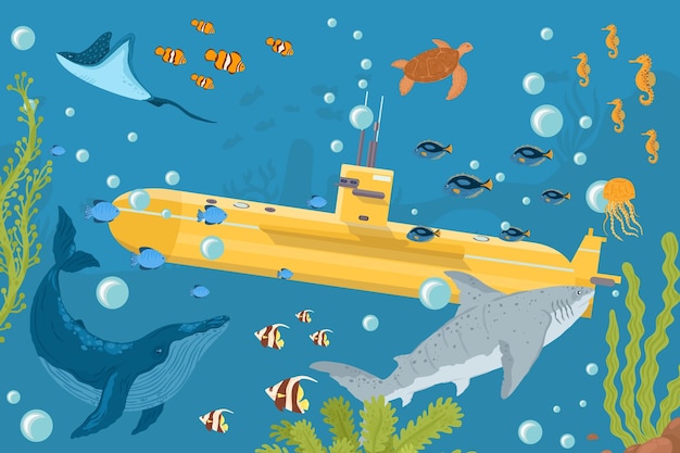 Вектор Желтая подводная лодка с рыбами в океанском море с вектором плоского дизайна перископа