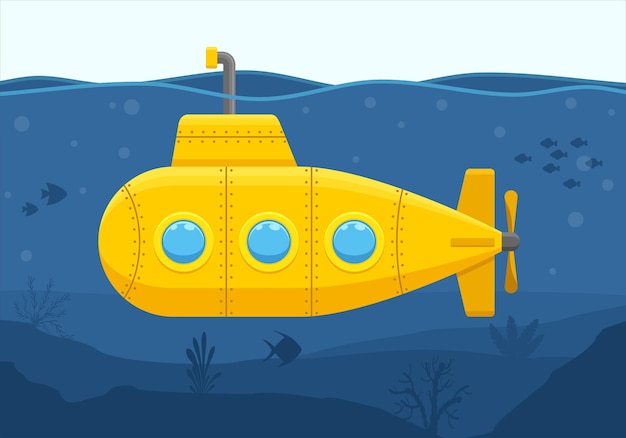 Yellow Submarine with periscope floating under sea water. Underwater ship exploring at the bottom.