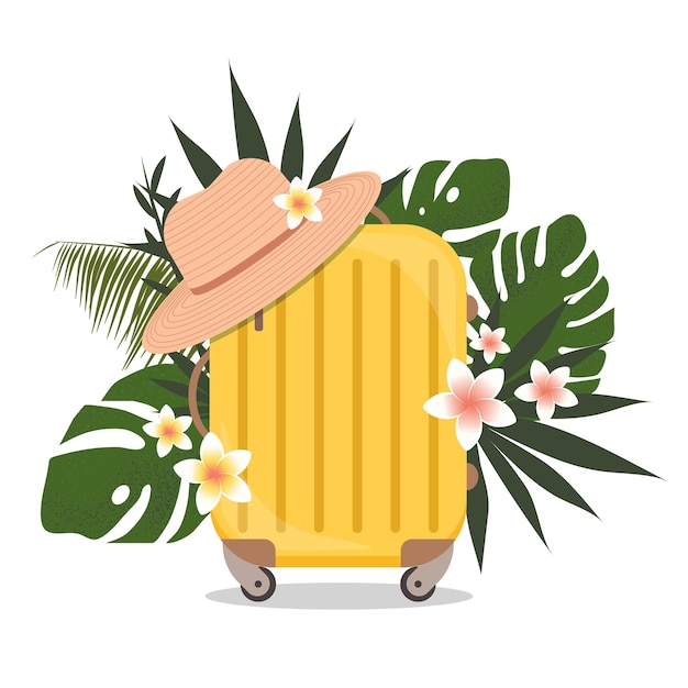 Valigia gialla con foglie tropicali e cappello da spiaggia