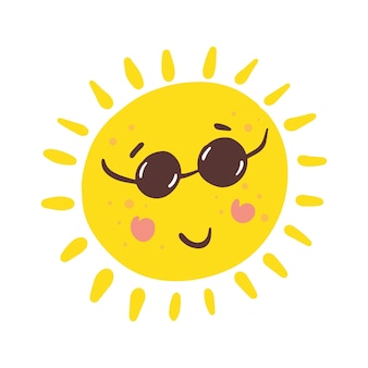 노란 태양 만화 선글라스 행복한 얼굴 벡터 낙서 손으로 그린 그림