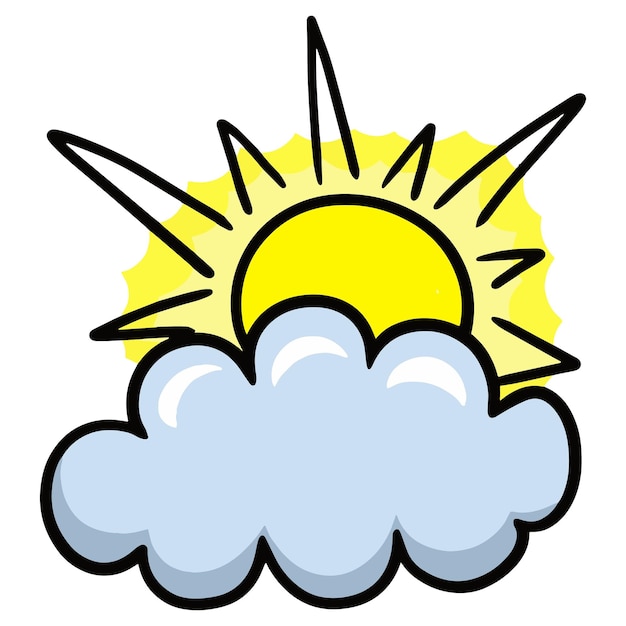 Vector yellow sun hiding behind a blue cloud cartoon vector illustration