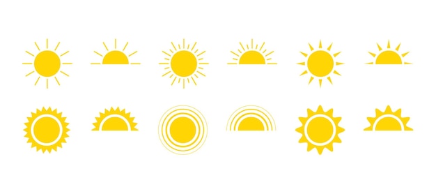 yellow sun icon set sunshine and solar glow sunrise or sunset