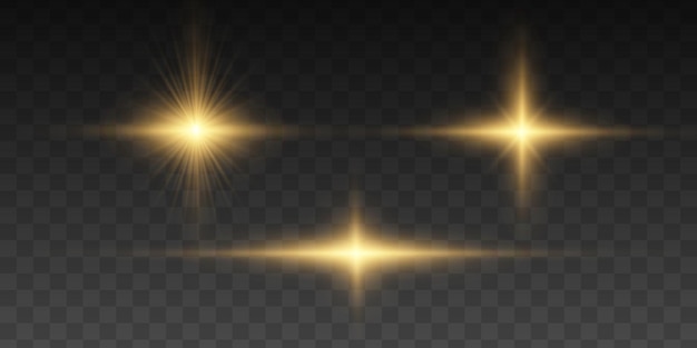 Yellow sun sparkles Bright flash Lighting flare Set glowing light effect Glitter star sparks Vector