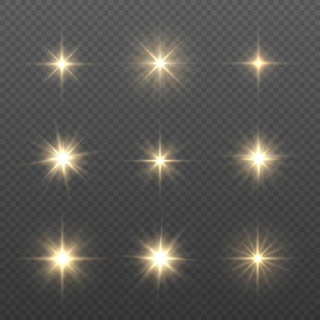 Yellow sun sparkles Bright flash Lighting flare Set glowing light effect Glitter star sparks Vector