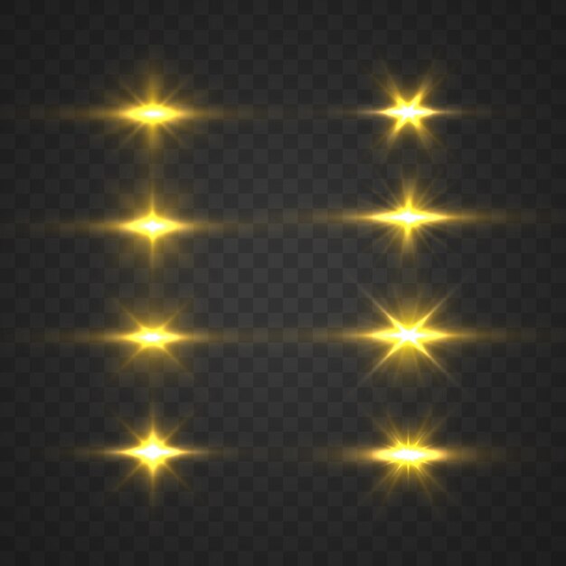 Yellow sun sparkles Bright flash Lighting flare Set glowing light effect Glitter star sparks Vector