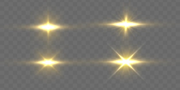 Yellow sun sparkles Bright flash Lighting flare Set glowing light effect Glitter star sparks Vector