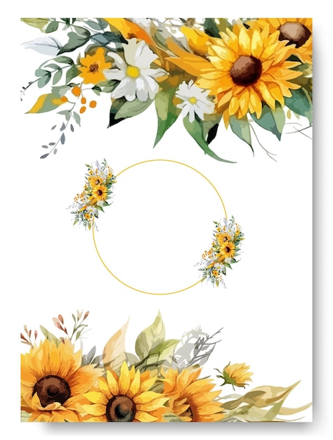 Yellow sunflower frame with floral watercolor background of wedding invitation Rustic wedding card