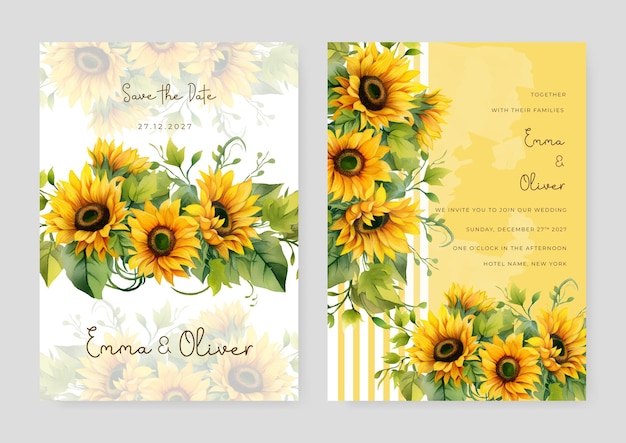 Yellow sunflower wedding invitation card template with flower and floral watercolor texture vector