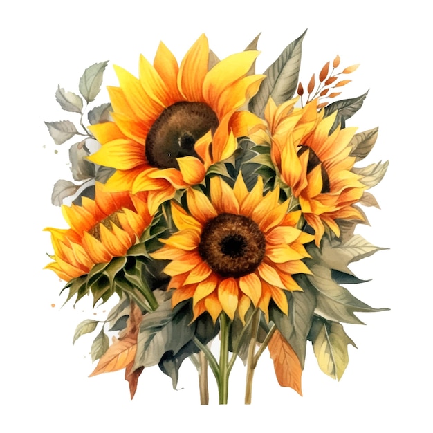 Yellow sunflowers watercolor in vintage style vector illustration design element summer