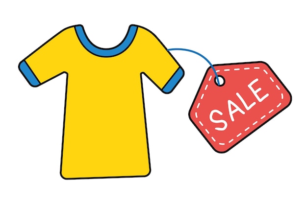 赤い販売ラベルが付いた黄色いTシャツ