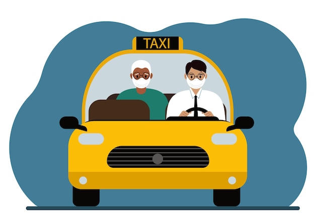 黄色いタクシー車。タクシーの運転手であるシャツとネクタイを着た男性が、祖父に乗客を運んでいます。誰もが医療用マスクを着用しています。正面図。