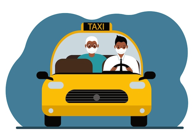 Taxi giallo auto. un uomo in camicia e cravatta, un tassista, sta portando un passeggero da suo nonno. tutti indossano maschere mediche. vista frontale. illustrazione piatta vettoriale