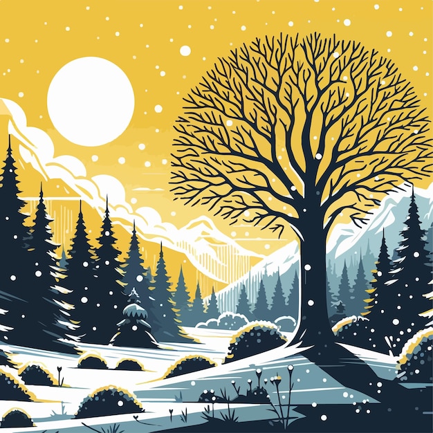 Illustrazione del paesaggio forestale invernale nevoso a tema di tramonto giallo