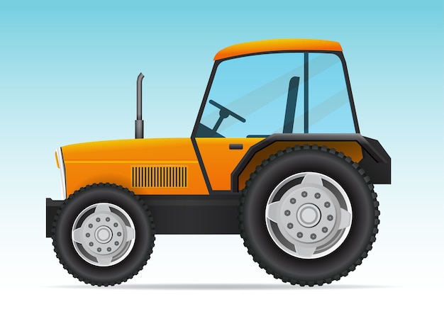黄色いトラクター車両。現代の農業用トラクターの側面図。