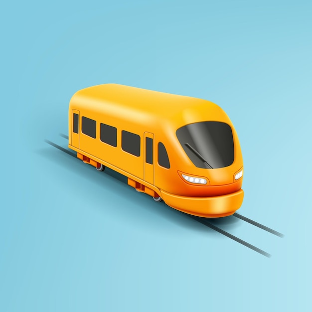 Vector yellow train or metro locomotive on rails modern city transport railway commuter isolated 3d render