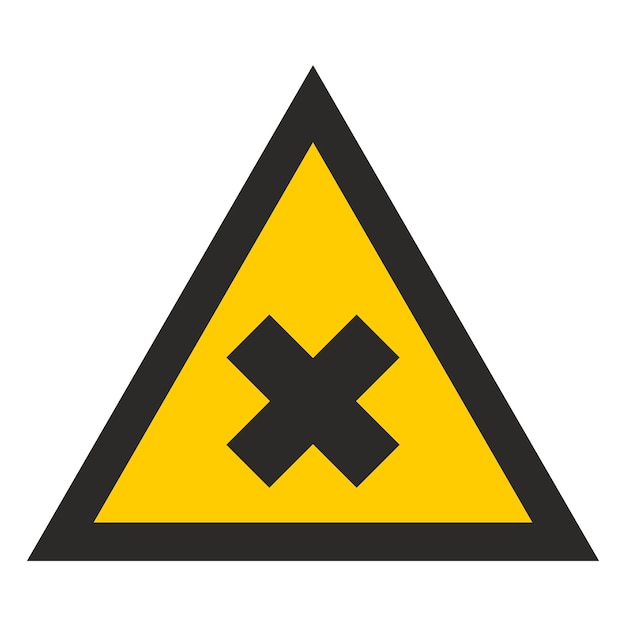 Vector yellow triangle black cross toxic substance warning danger sign isolated on white background