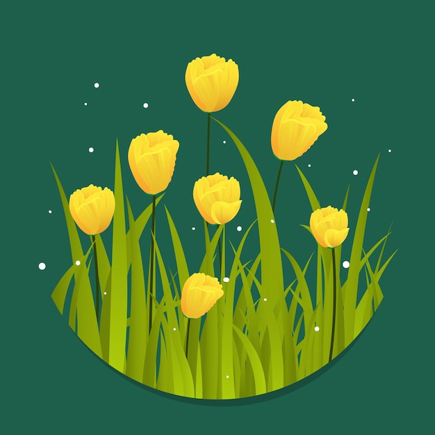 Yellow tulip floral decorated on green background