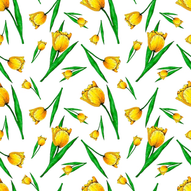 Vector yellow tulip hand drawn watercolor seamless pattern