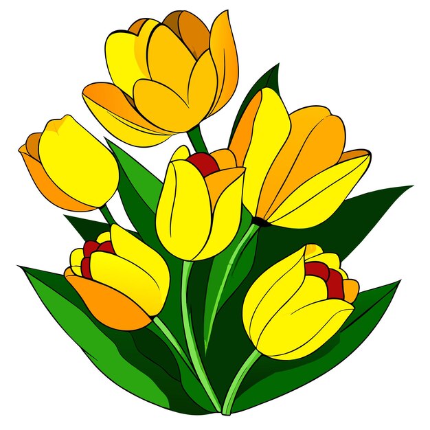 I tulipani gialli fioriscono con foglie verdi