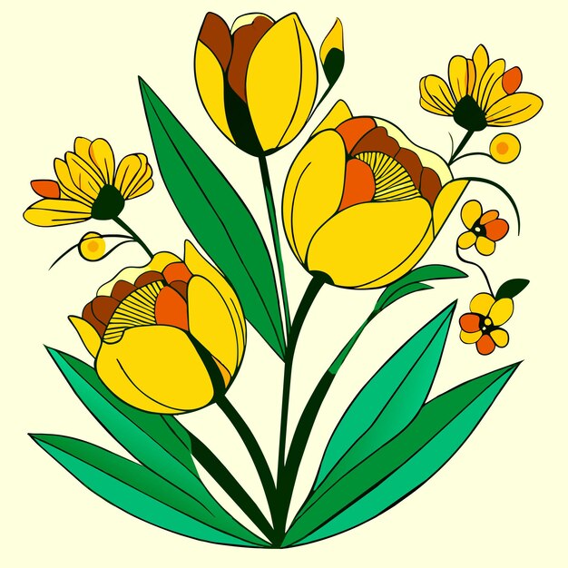 Vector yellow tulips flower with green leaves