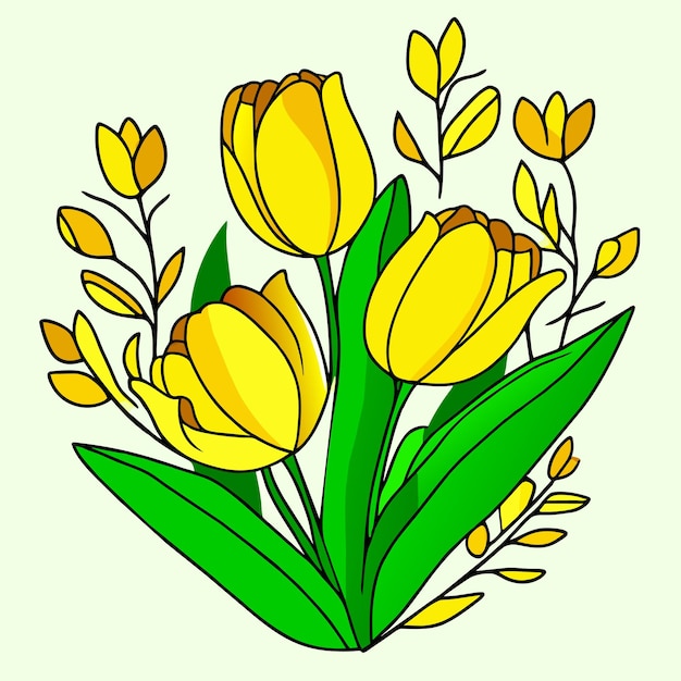 Vector yellow tulips flower with green leaves