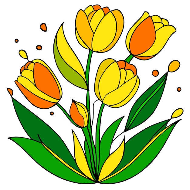 Vector yellow tulips flower with green leaves