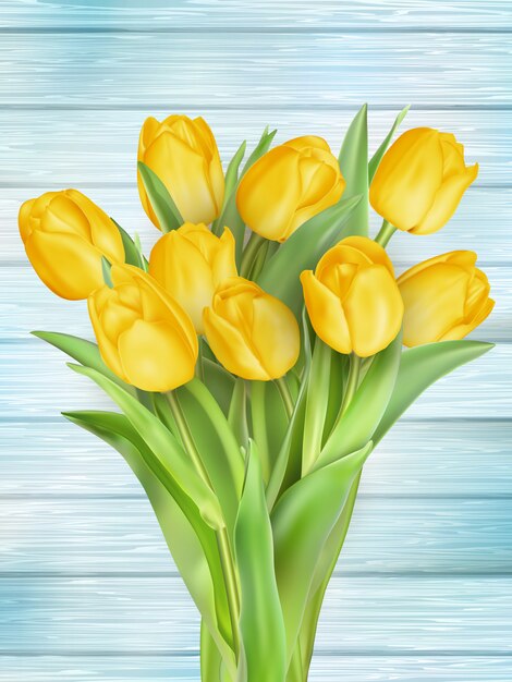 Желтые тюльпаны цветы на деревянных нарах.