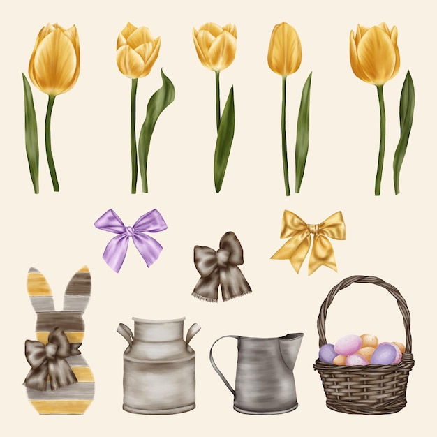 Yellow tulips with bows, easter rabbit and basket with eggs