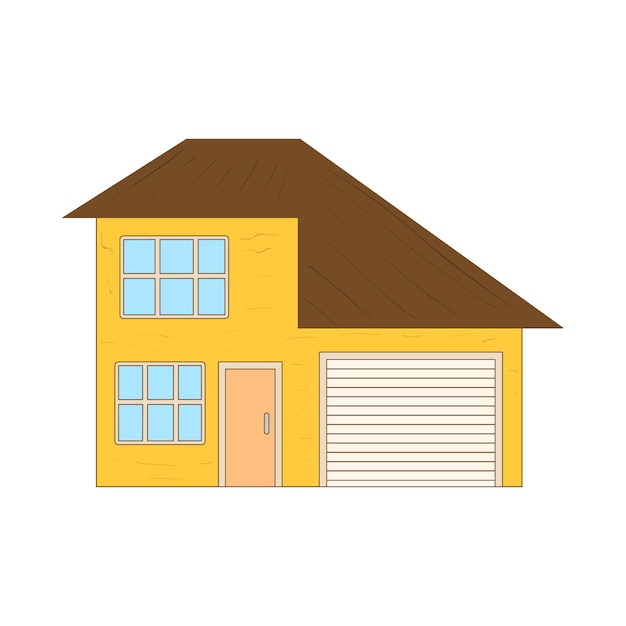 Vector yellow two storey house with garage icon in cartoon style on a white background