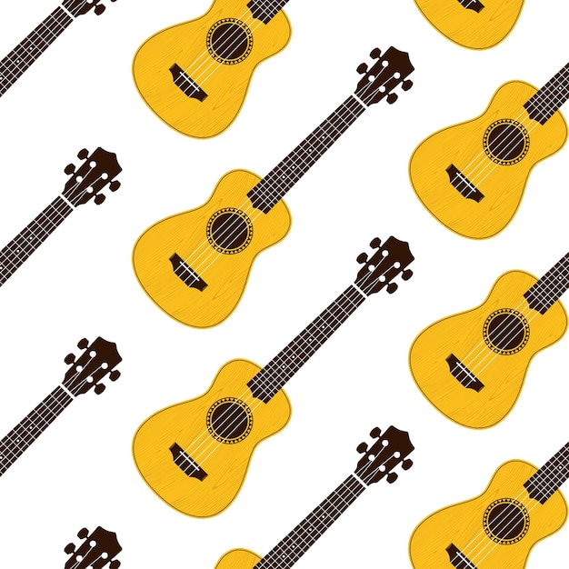 Yellow ukulele guitars seamless vector pattern on a white background