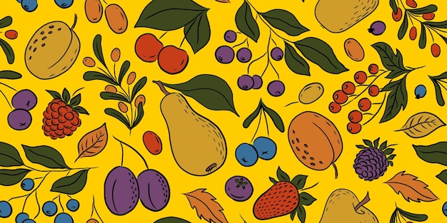 YELLOW VECTOR SEAMLESS PATTERN WITH COLORFUL FRUITS AND BERRIES