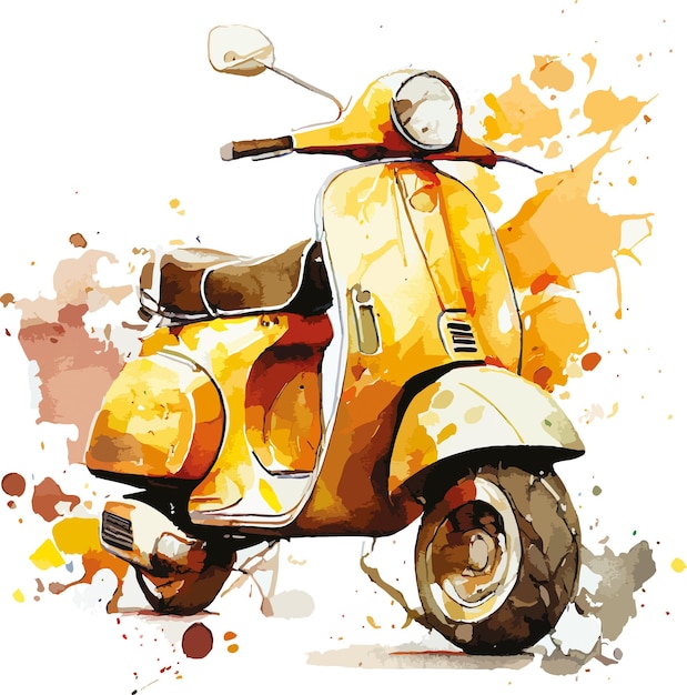 A yellow vespa with a brown leather seat.