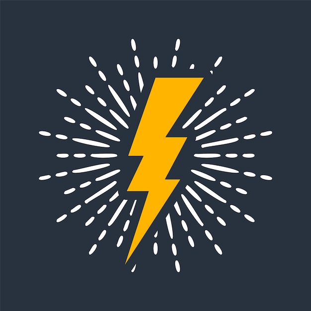 Yellow vintage lightning bolt and sun rays Lightnings with sunburst effect Thunderbolt electric shock sign Vector illustration