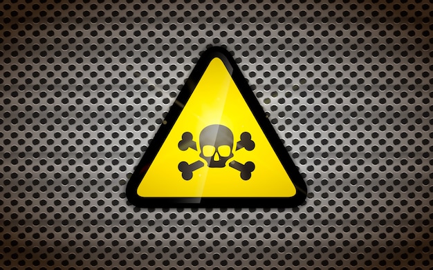 Vector yellow warning sign with black skull on metallic grid, industrial background