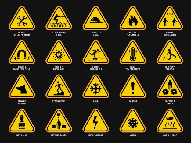 Yellow warning symbols. Triangle signs with danger symbols attention camera electrical hazard vector templates. Safety risk, yellow icon hazard and caution illustration