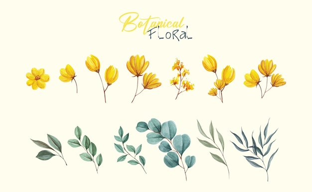 Vector yellow watercolor floral set handmade design