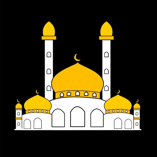 A yellow and white mosque with a gold dome on the top.