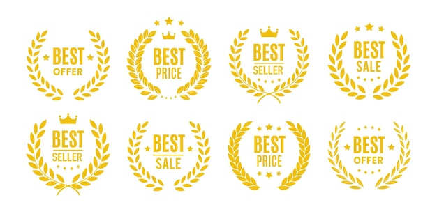 Vector yellow wreath icon set for sale best seller offer and price template for awards badges certificates