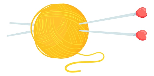 Vector yellow yarn ball with knitting needles hand craft icon isolated on white background