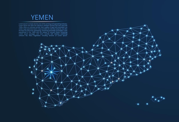 Yemen communication network map Vector low poly image of a global map with lights