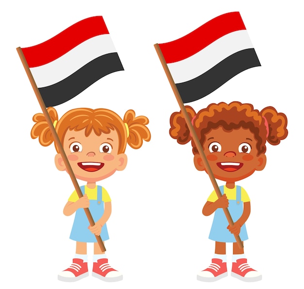 예멘 플래그를 손에. 깃발을 들고 아이들. 예멘 벡터의 국기