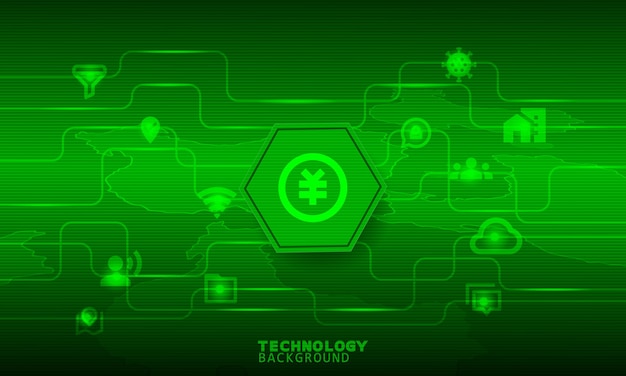 Yen circle icon in a green hexagon. connection and communication concept