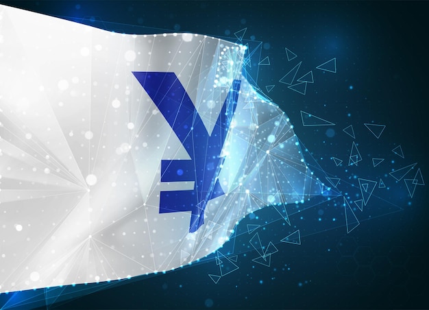 Yen currency, flag, virtual abstract 3D object from triangular polygons on a blue background