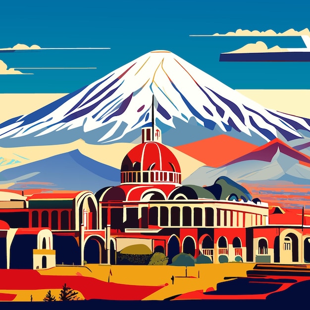 Vettore la città di yerevan nello stile di martiros saryan sembra un vecchio dipinto di montagna ararat