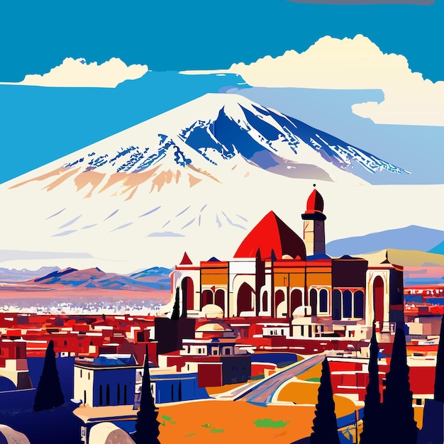 Yerevan city in the style of Martiros Saryan look like an old painting mountain